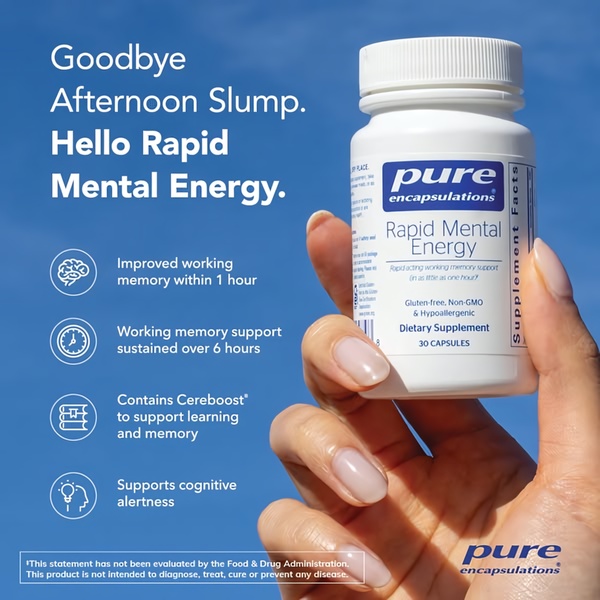 A clean, high-contrast ad featuring a dietary supplement bottle against a bright blue sky, highlighting product benefits with bulleted icons.